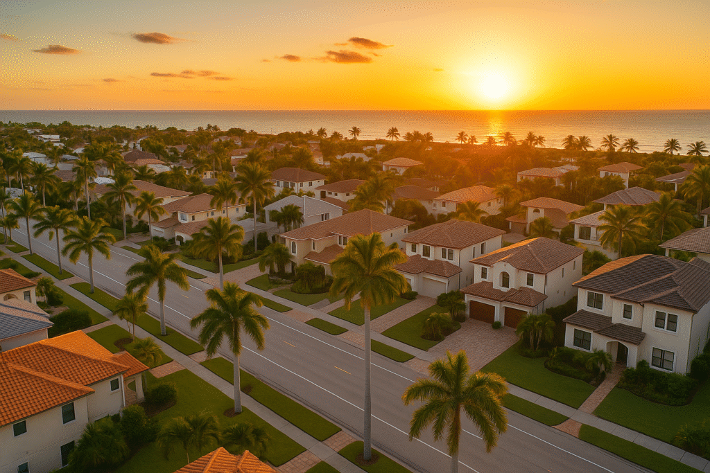 Aerial photo of Florida homes near the beach at sunset with palm trees and luxury rooftops.