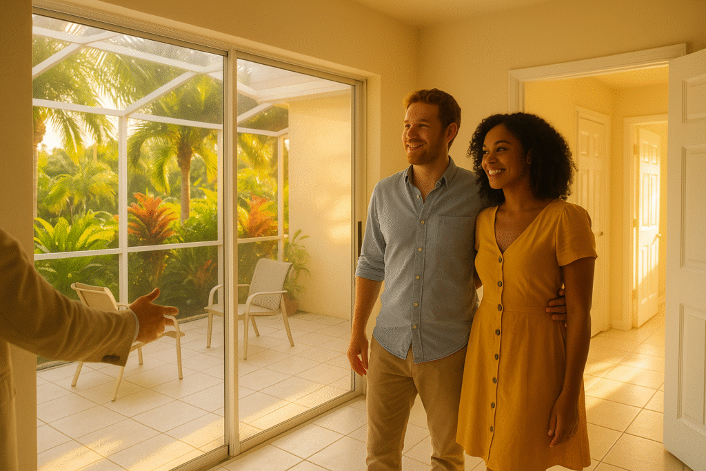 Couple exploring a Florida home with tropical landscaping and bright natural light.