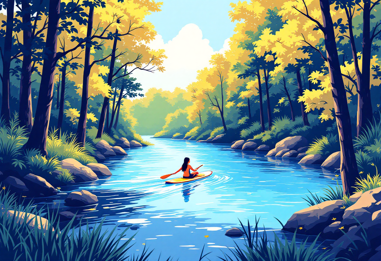 Paddleboarder gliding over a clear blue spring surrounded by trees, bright daylight, tranquil nature scene