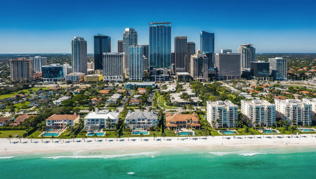 Aerial view of multiple Florida cities blended in a collage style image, showing downtown skyscrapers, suburban neighborhoods, and beachfront condos under a bright blue sky, modern real estate marketing photo