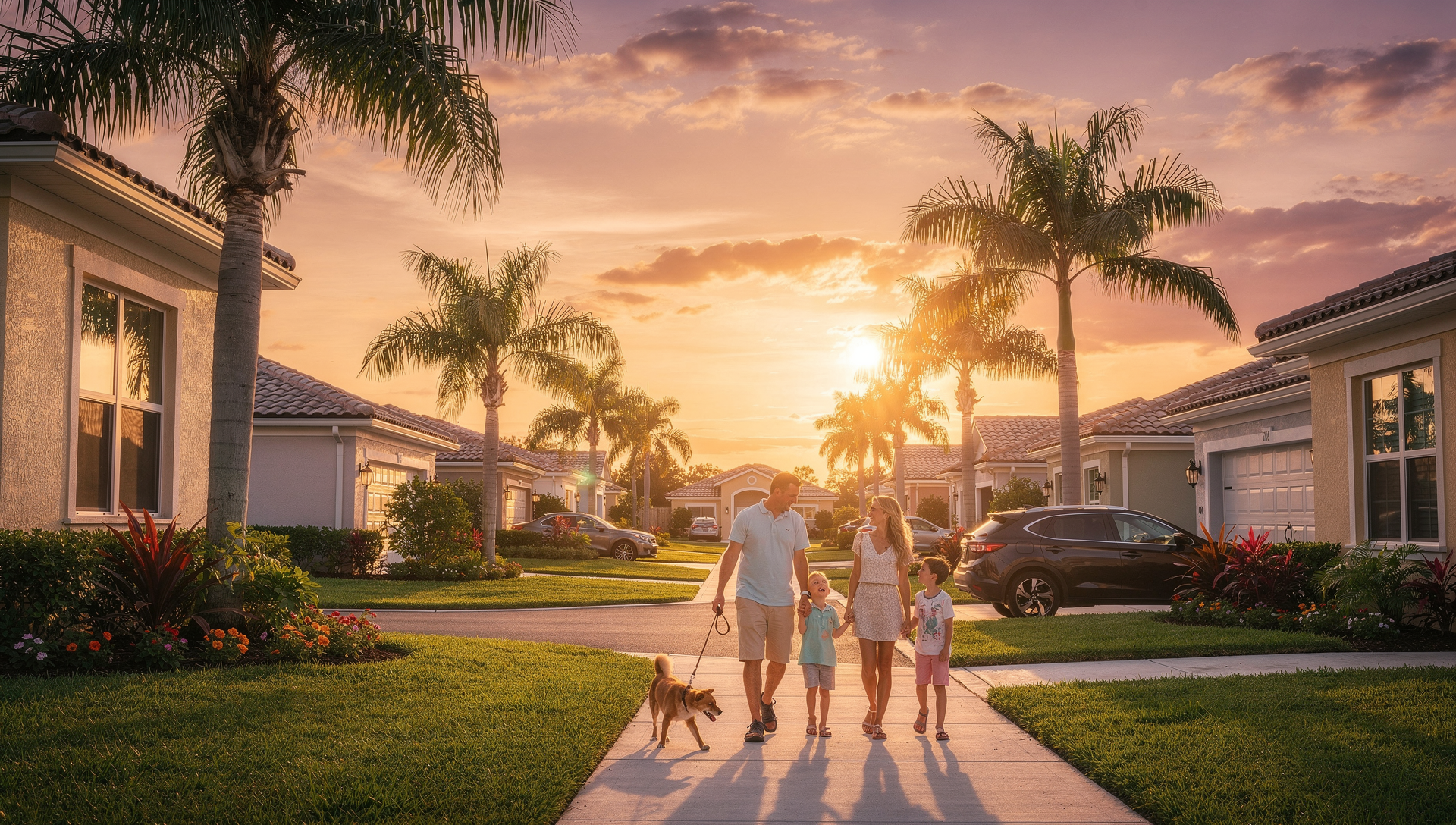 Florida family walking through a palm lined neighborhood in one of the best places to buy real estate