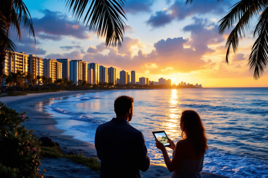 A Florida coastal city skyline at sunset with condos and homes near the water, gentle waves, palm trees in the foreground, and a couple looking at homes on a tablet, symbolizing remote home buying