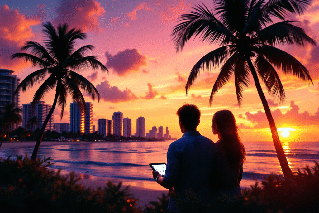 Out-of-state buyers researching Florida homes online with a waterfront city skyline at sunse