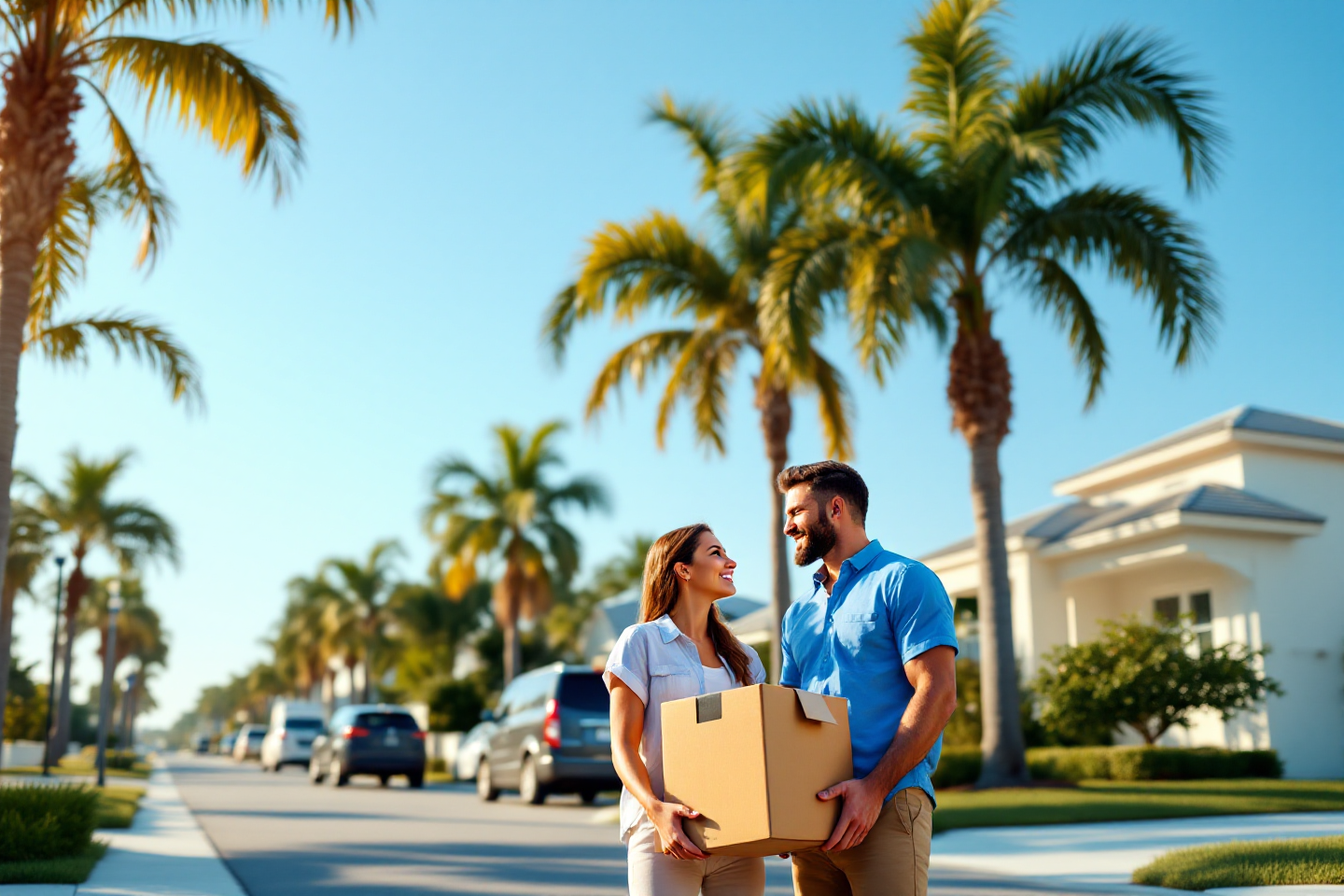 Buying a home in Florida from another state and moving into a sunny suburban neighborhood with palm trees
