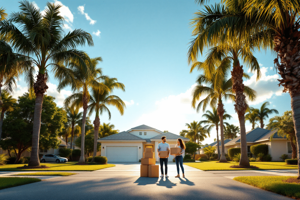 A sunny Florida suburban street with palm trees, a modern single-family home with a light-colored exterior, a couple standing in front of the house holding moving boxes, blue sky, warm golden light, welcoming neighborhood vibe