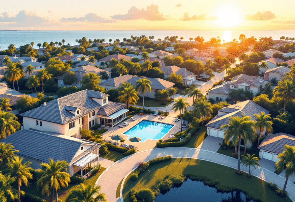 Golden hour aerial of a Florida family neighborhood with palm-lined streets, community pool, and nearby lake, single-family homes with two-car garages, light stucco and tile roofs, Tampa Bay in the distance