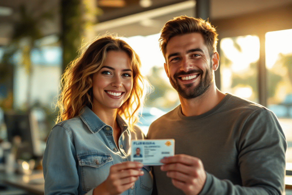 Happy new Florida residents holding driver’s license at DMV