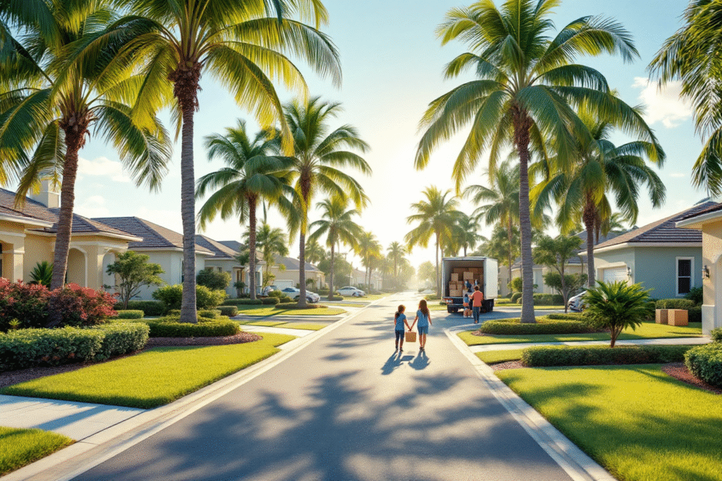 A sunny Florida neighborhood with palm tree lined streets, pastel colored single family homes, and a family unloading boxes from a moving truck, symbolizing establishing Florida residency quickly.