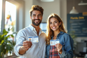 A smiling couple at a Florida DMV office holding a new driver’s license, with a subtle background of palm trees and a Florida flag, representing becoming a Florida resident.