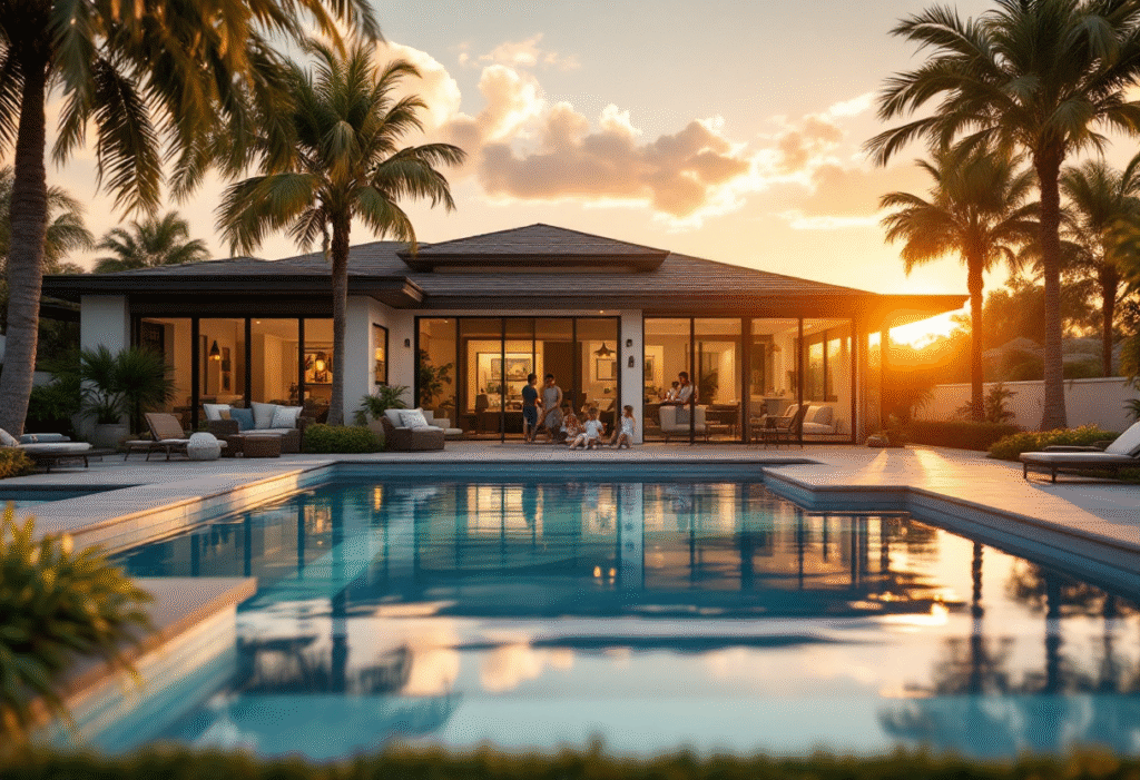 Modern Florida home with screened pool and family enjoying a relaxed summer evening