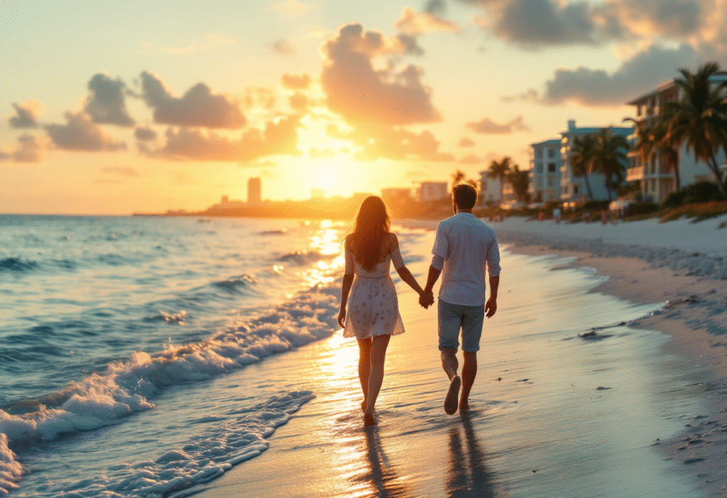Couple walking on a Florida beach at sunrise near coastal homes in summer