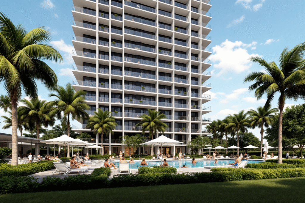 Modern Florida condo building with pool, palm trees, and resort style amenities