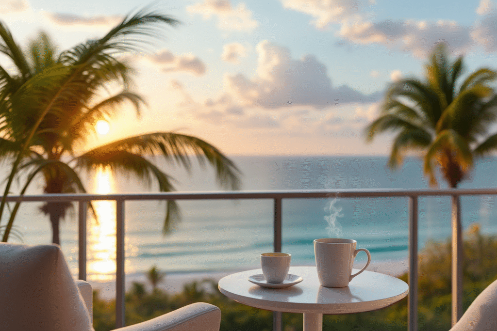 Florida condo balcony at sunrise with ocean view and palm trees