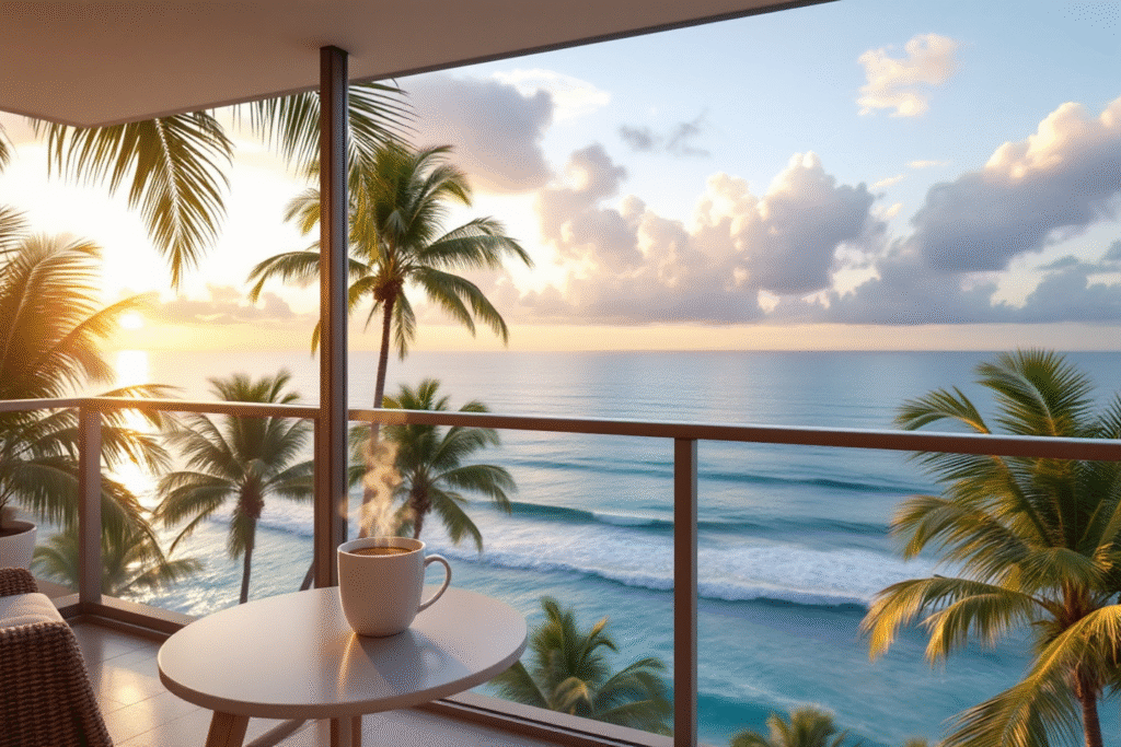Sunrise view from a modern Florida condo balcony overlooking the ocean, with palm trees, a coffee mug on a small table, and light reflecting on the water, clean and inviting