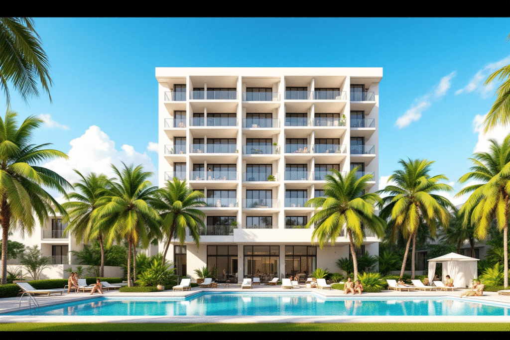 Exterior shot of a stylish mid-rise Florida condo building with palm trees, a pool area, and clear blue sky, people relaxing by the pool to show resort style living