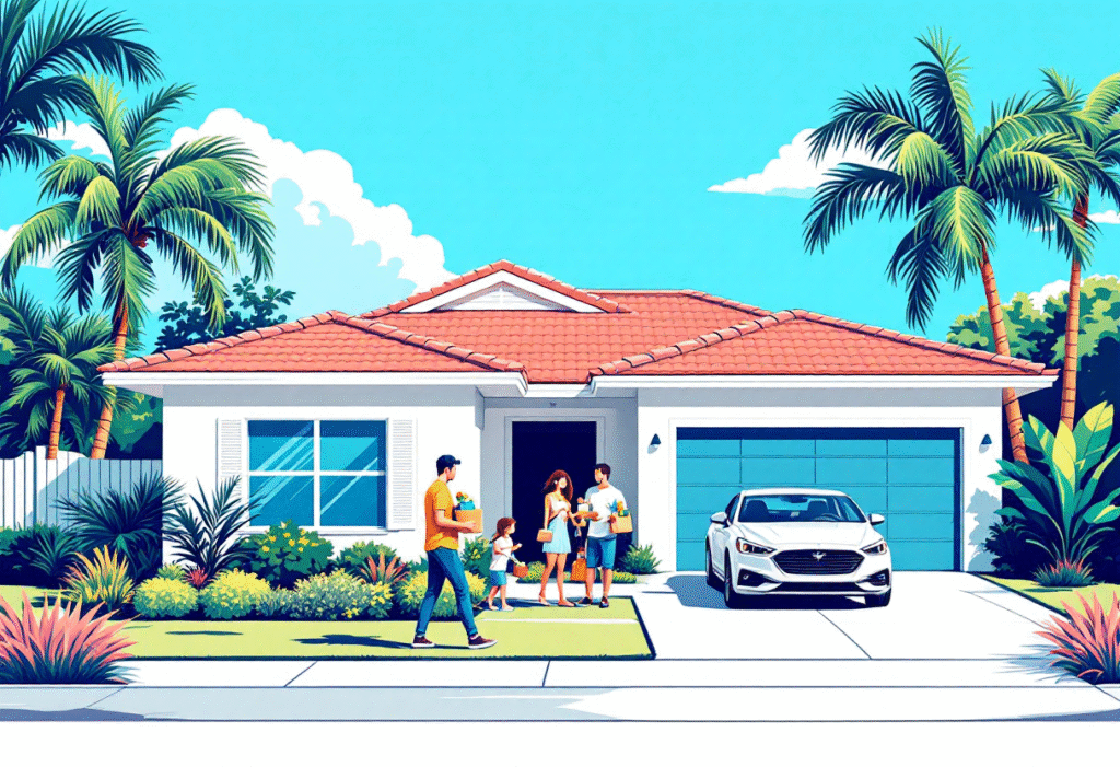 Modern Florida home with tropical landscaping and family lifestyle curb appeal