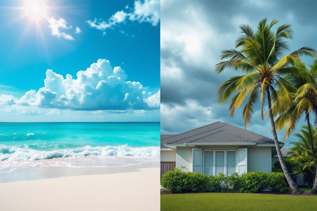 Split image of Florida beach and suburban home with hurricane shutter showing pros and cons of living in Florida