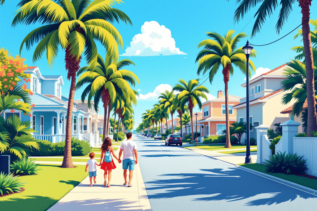 Florida family walking in sunny palm tree neighborhood with coastal style homes