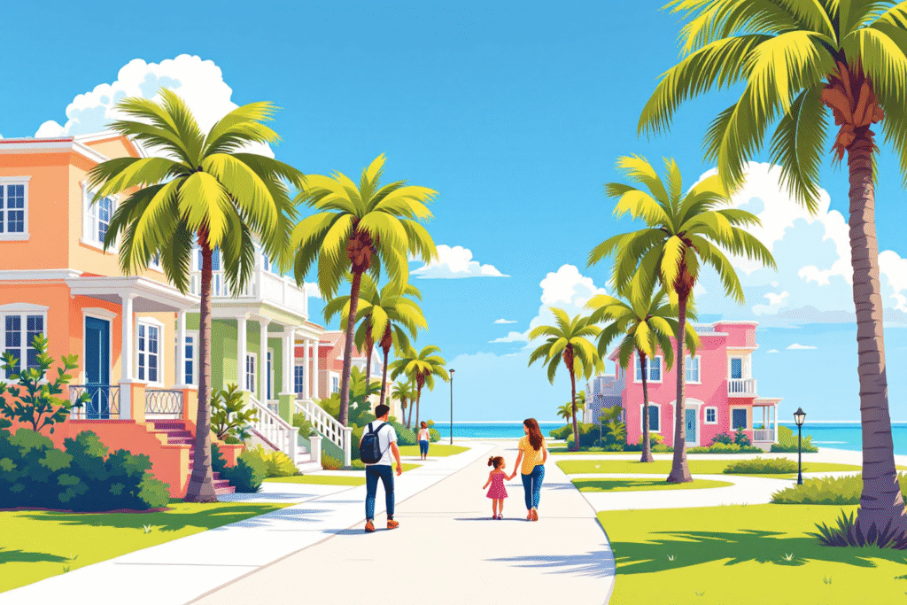 A sunny Florida neighborhood with palm trees, pastel coastal style homes, and a family walking on the sidewalk under a bright blue sky, showcasing everyday life in Florida