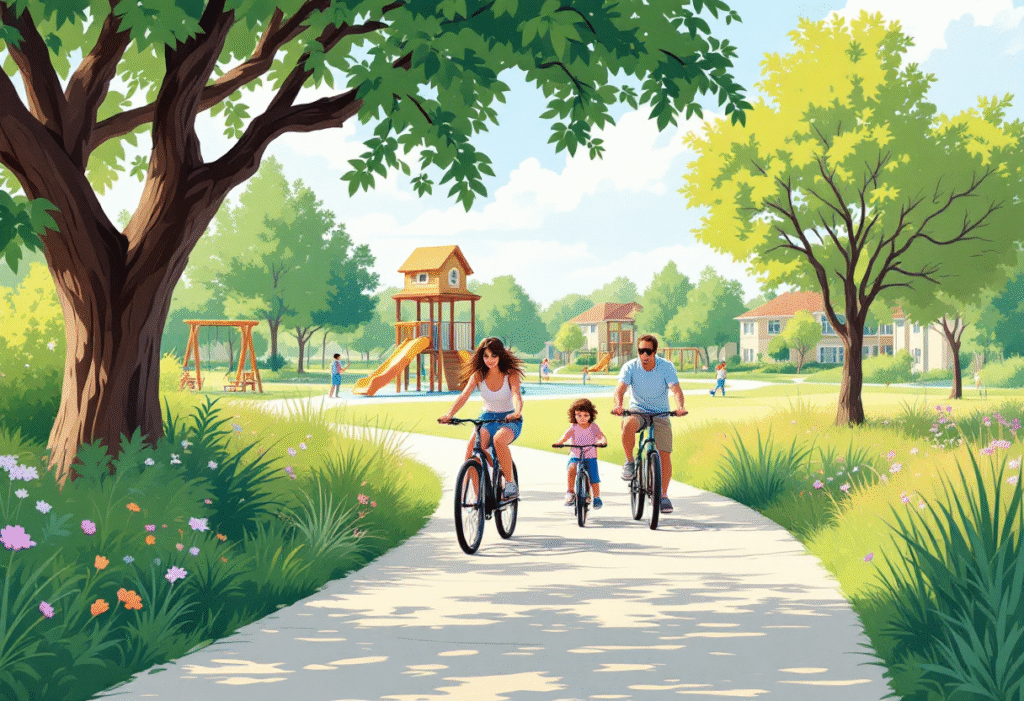Family biking on a shaded trail in a master-planned Florida community near a playground