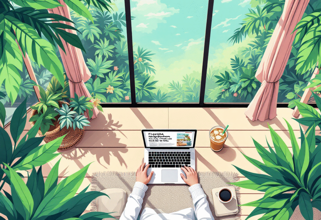 Overhead of a screened lanai with plants, iced coffee, and a laptop open to a Florida neighborhood guide