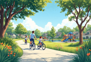 Parents and kids riding bikes on a shaded trail in a master-planned Florida community near a playground, bright sky, lush greenery, Sarasota area vibe.