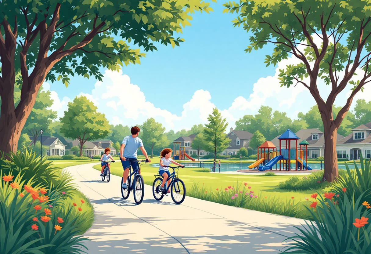 Parents and kids riding bikes on a shaded trail in a master-planned Florida community near a playground, bright sky, lush greenery, Sarasota area vibe.