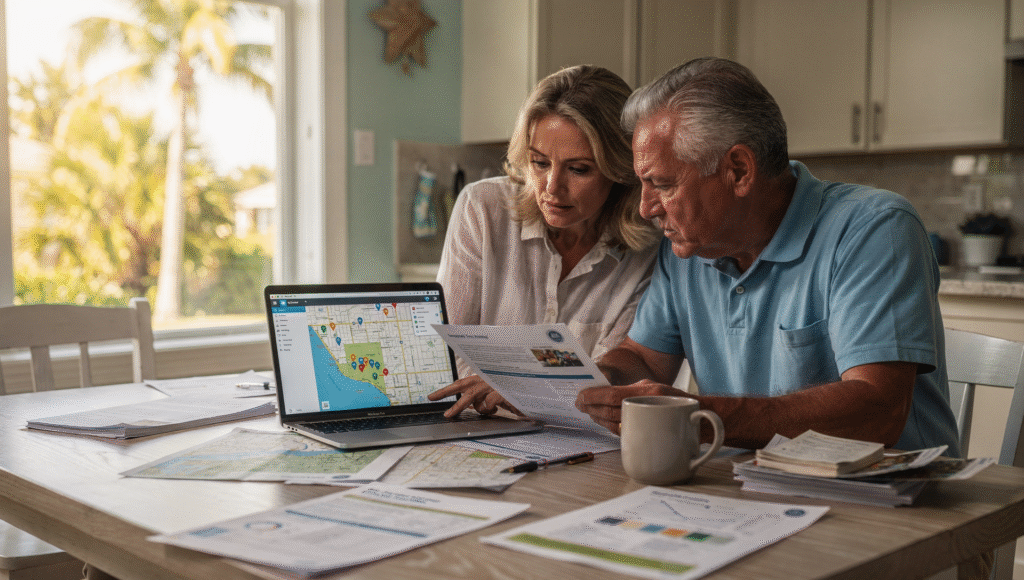 Florida home buyers checking flood zone maps and insurance costs before purchasing a house