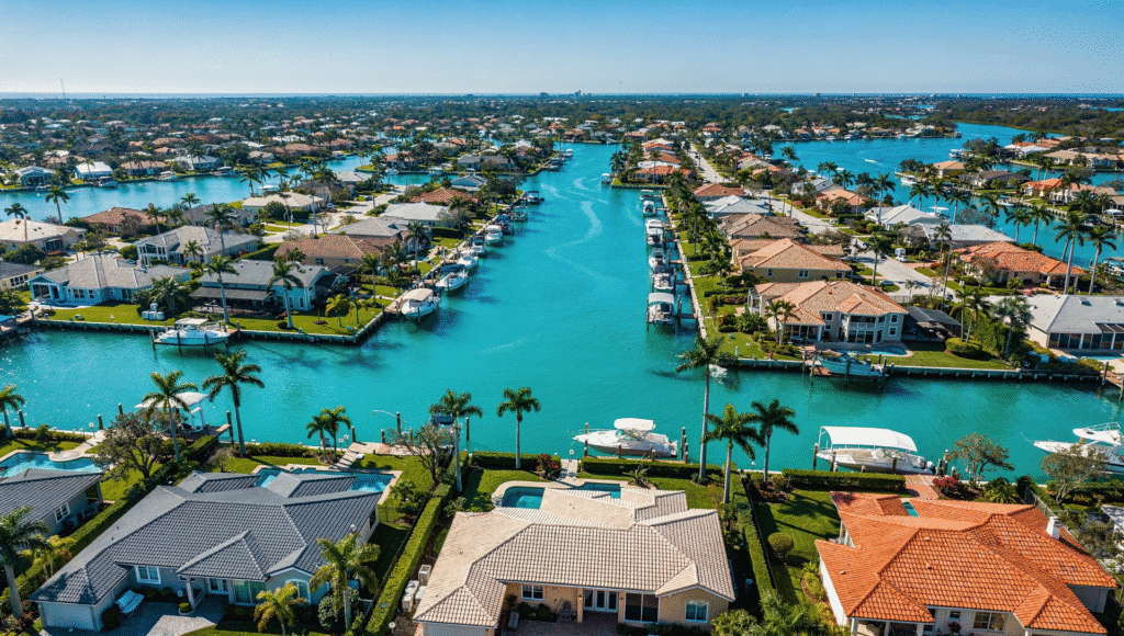 Aerial view of Florida canal homes showing flood zone locations for buyers