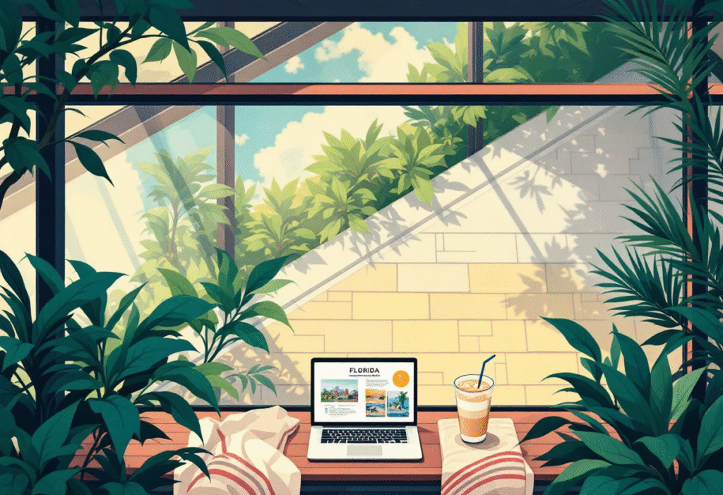 Screened lanai workspace with plants and a neighborhood guide on a laptop