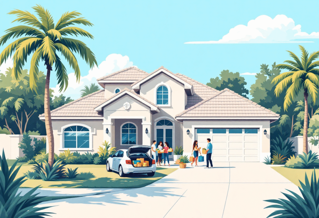 Modern Florida single-family home with tropical landscaping, two-car driveway, energy-efficient windows, and a family unloading groceries, blue sky, inviting curb appeal