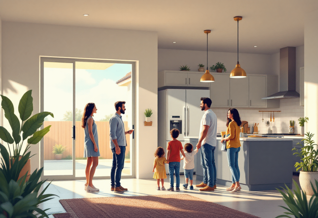 Family touring a new construction home in Winter Garden with open kitchen, natural light, and backyard view, realtor greeting at front door