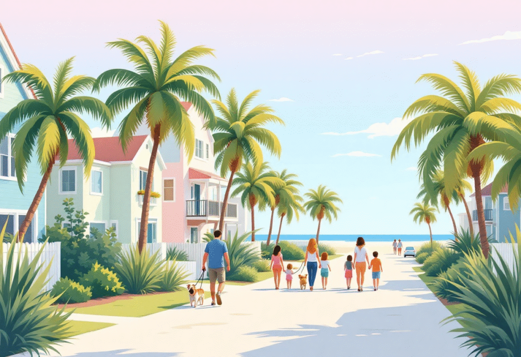 A bright Florida coastal neighborhood at sunrise with pastel homes, palm trees, and a quiet street leading to the beach, lifestyle photo, families walking dogs, modern yet relaxed feel