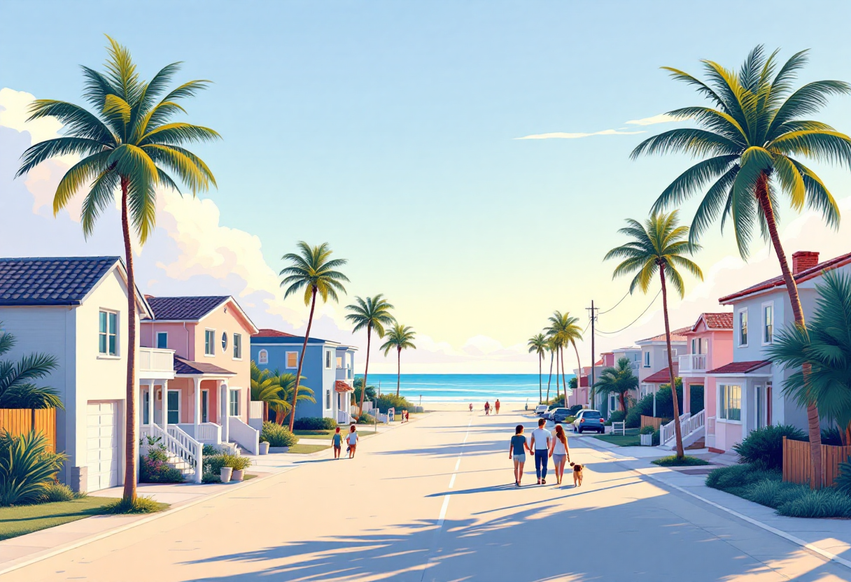 Florida coastal neighborhood near the beach with pastel homes and palm trees at sunrise