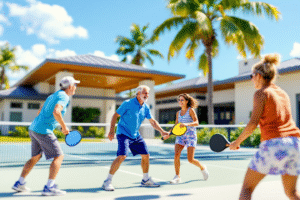 Sarasota pickleball courts beside a modern clubhouse in a Florida 55 plus community.