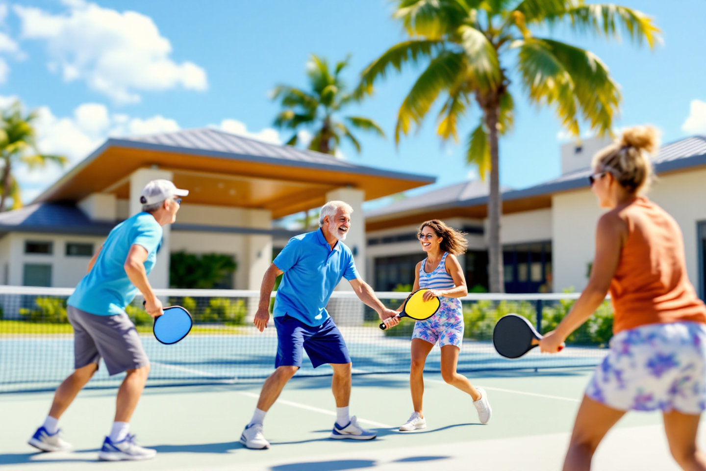 Sarasota pickleball courts beside a modern clubhouse in a Florida 55 plus community.