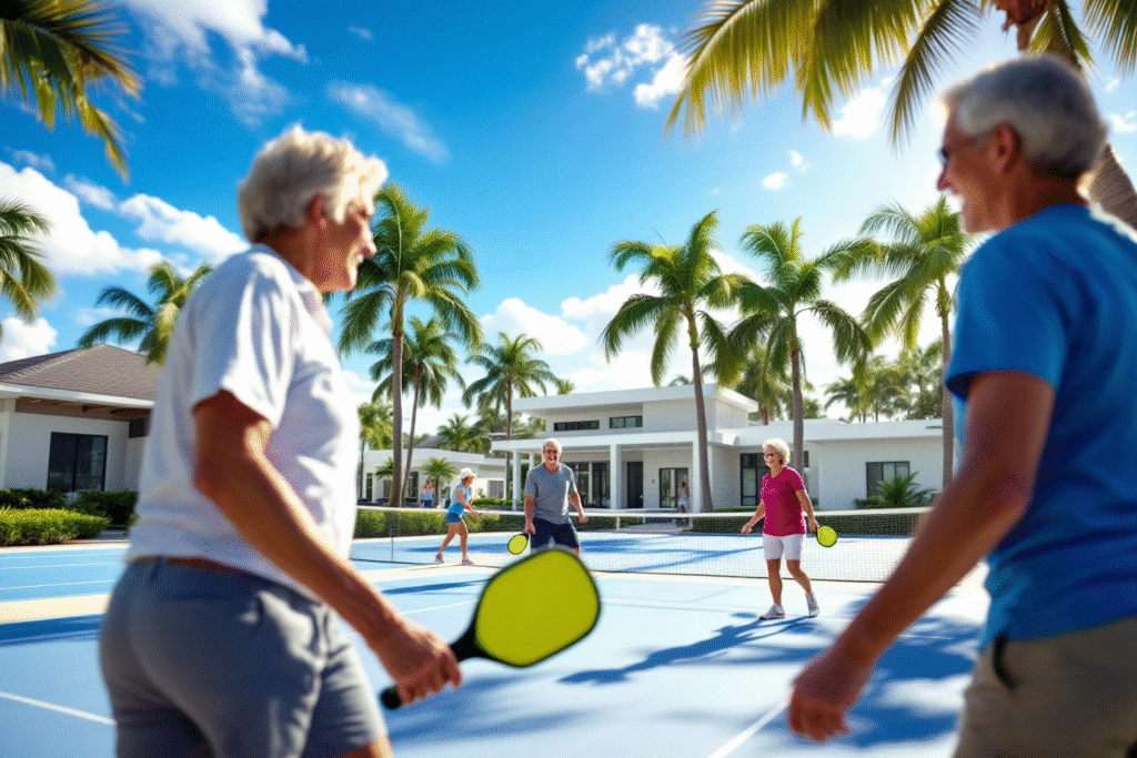 Active adults playing pickleball near a modern clubhouse in Sarasota with palm trees, clear blue sky, and smiling players, vibrant and welcoming scene.