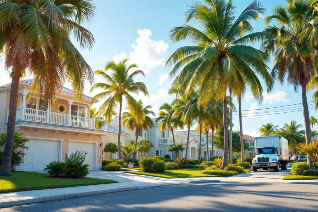 Family with a moving truck arriving at a palm-lined Florida neighborhood of pastel homes.