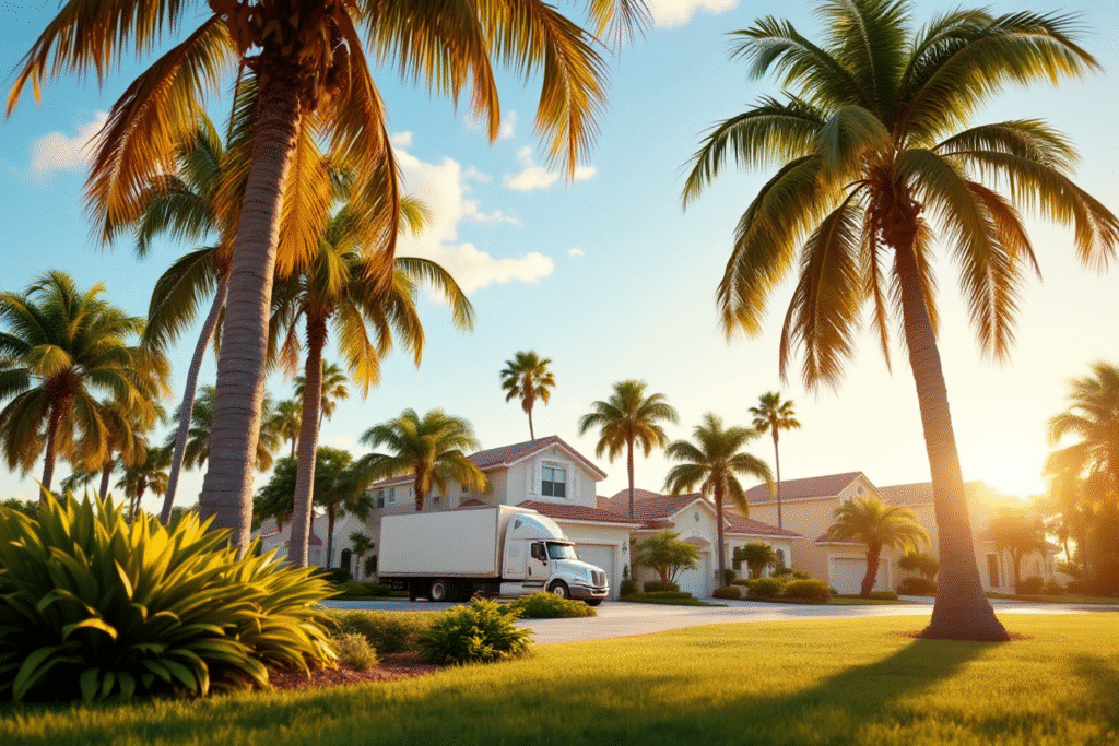 A family arrives at a bright coastal Florida neighborhood with palm trees, pastel homes, and a moving truck, golden light and clear blue sky, welcoming vibe.