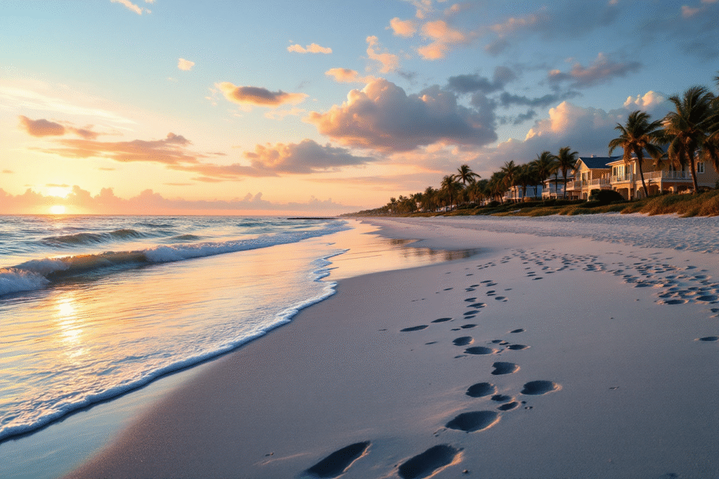 Siesta Key sunrise with waves and nearby coastal homes showing relaxed Florida living.