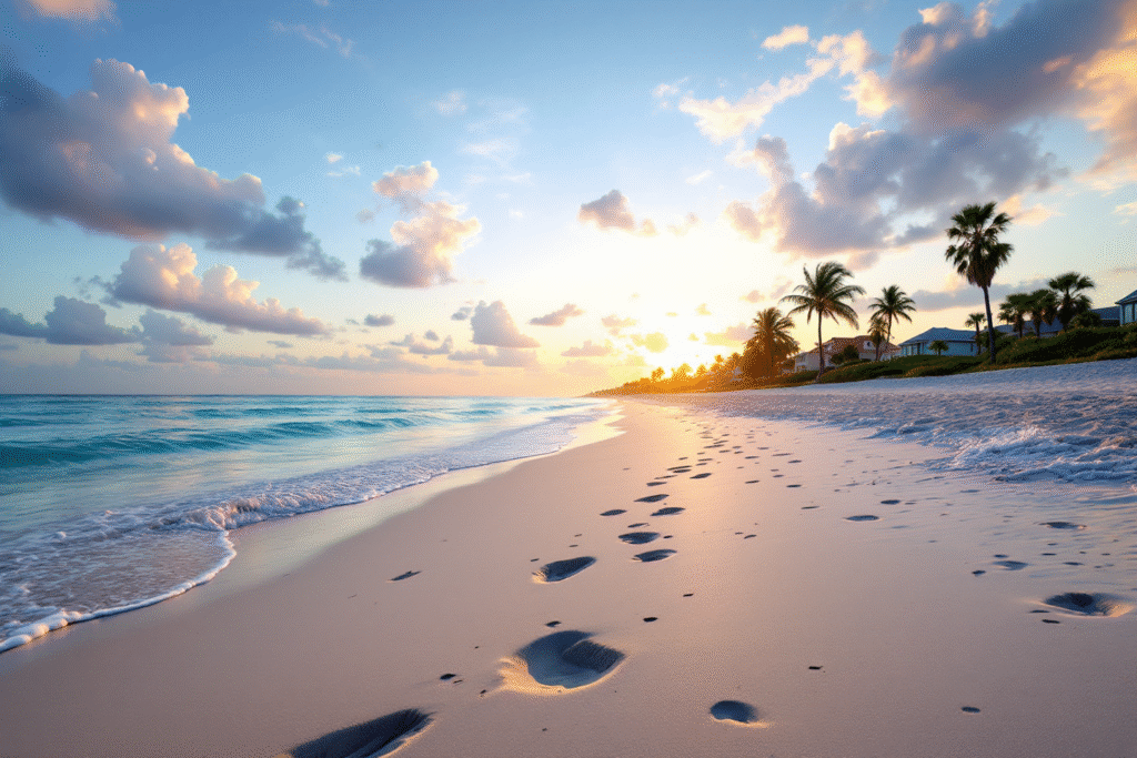 Sunrise on Siesta Key Beach with gentle waves, footprints in the sand, and a nearby coastal neighborhood, clean and inviting lifestyle scene.