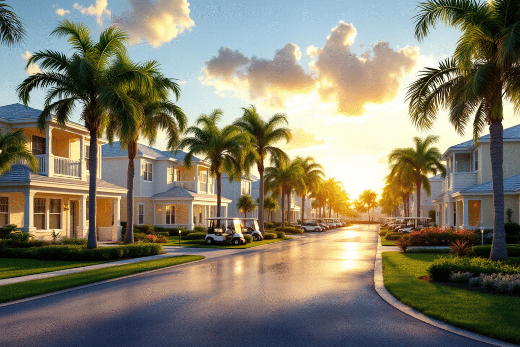 Sunrise over a Gulf Coast retirement community with palm-lined streets, pastel villas, golf carts, and a shimmering lagoon, clean and upscale look, bright sky.