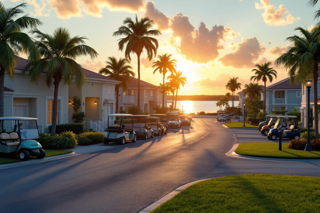 Palm-lined Florida retirement community with villas, lagoon, and golf carts at sunrise.