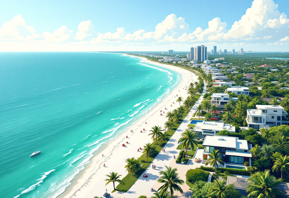 Aerial view of Sarasota coastline with turquoise water, white sand, and modern waterfront homes, bright daylight, clean luxury aesthetic