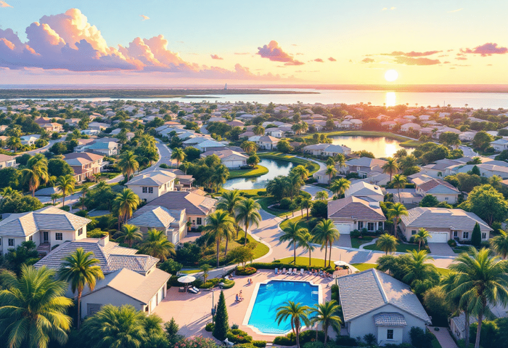 Golden hour aerial of a Florida family neighborhood with palm-lined streets, community pool, and nearby lake, single-family homes with two-car garages, light stucco and tile roofs, Tampa Bay in the distance