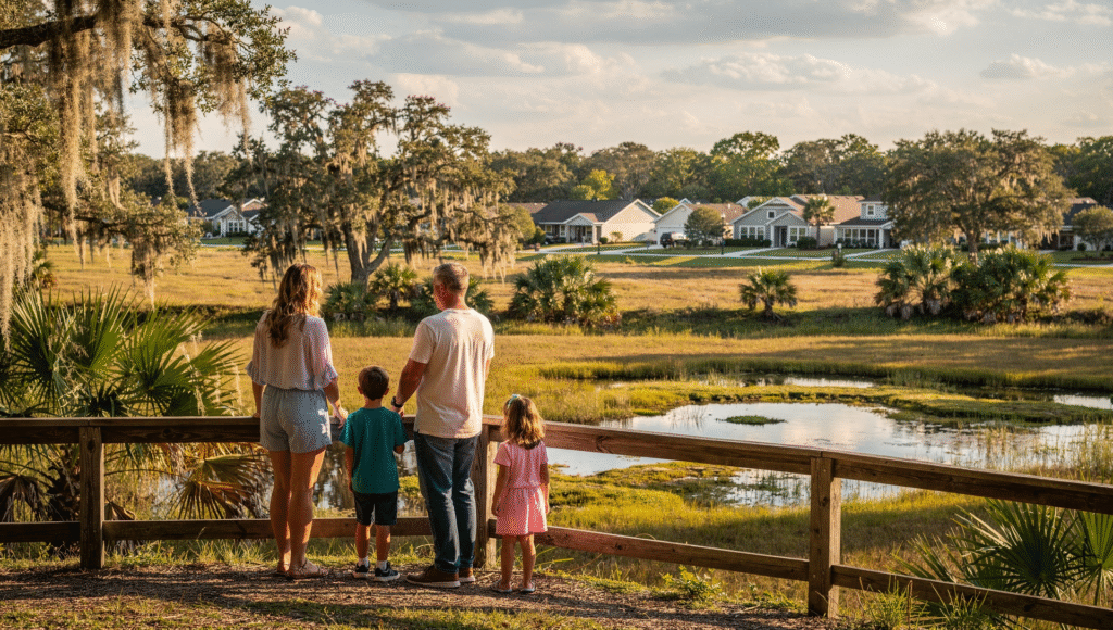 Family enjoying a scenic Florida hiking overlook near communities and homes