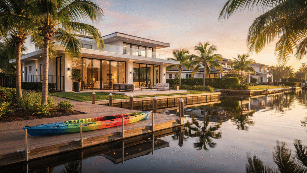 Luxury Florida waterfront home with kayak on private dock