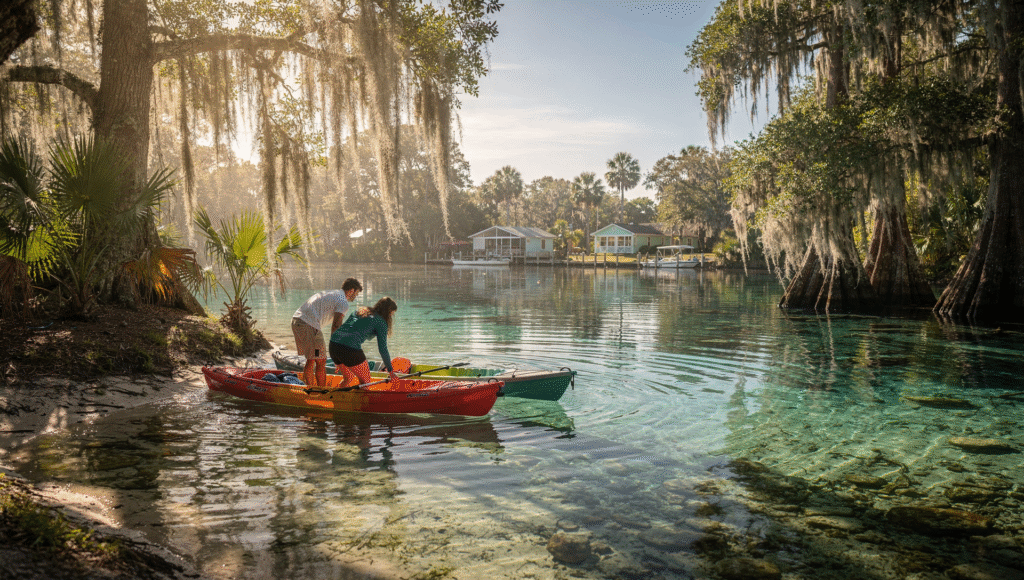 Crystal-clear Florida spring river kayaking near homes and communities