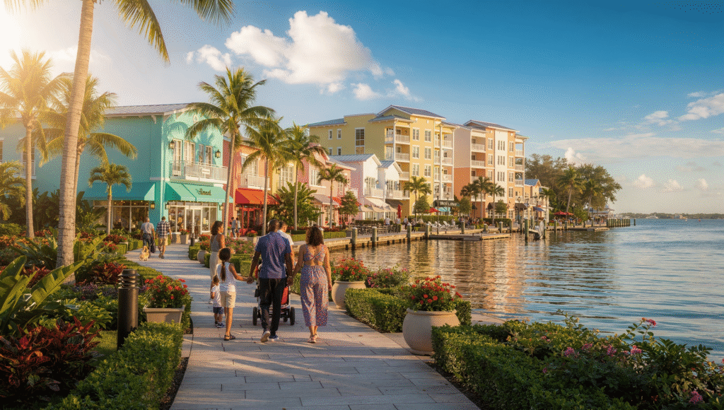 A scenic downtown Florida waterfront promenade with families strolling, outdoor greenery, nearby condos and charming buildings, blue sky, realistic lifestyle photo, natural candid feel, no text overlay