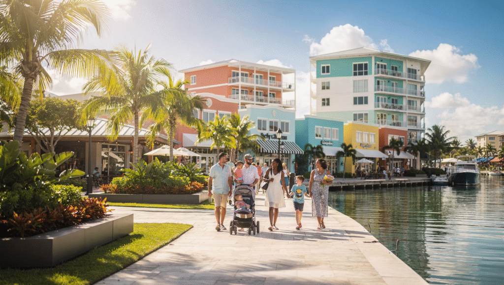 Downtown Florida waterfront walk near condos and neighborhood homes